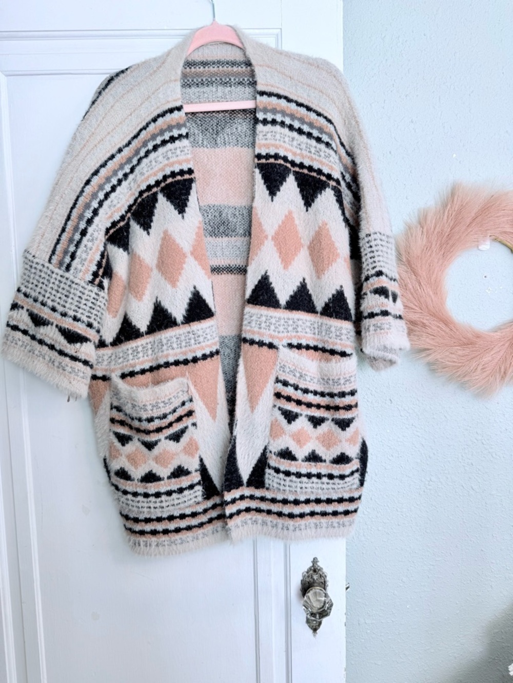 Soft Aztec Pattern Open Cardigan Sweater - Blush & Black